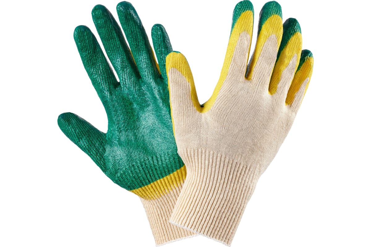 Перчатки 2-й облив ХБ жёлто-зелёные (красные) латексный облив